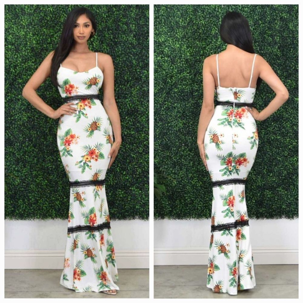 Pineapple Floral Print Lace Mermaid Maxi Dress